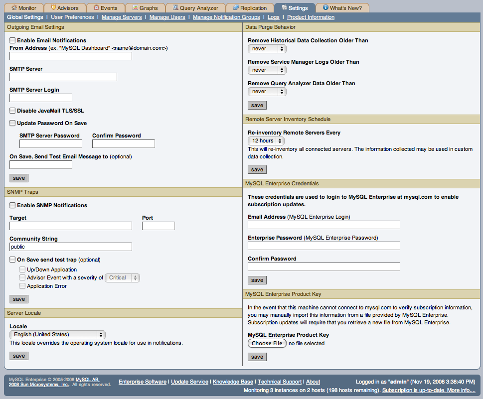 MySQL Enterprise Dashboard: Settings