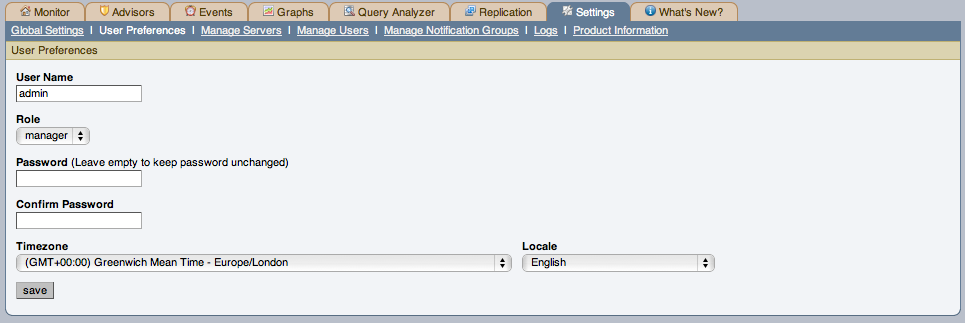 MySQL Enterprise Dashboard: User Preferences